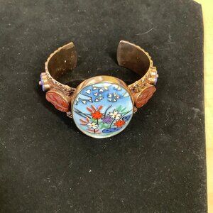 Artisan Amy Kahn Russell Bronze Enamel and Stone Cuff Bracelet Gorgeous